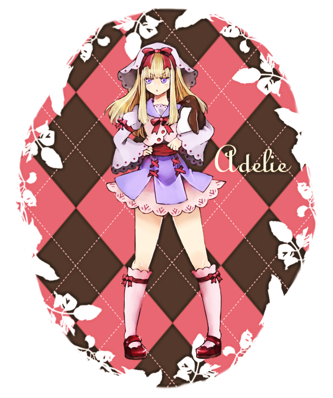 >:/, 1girl, :/, adelie_penguin, blonde_hair, character_name, closed_mouth, commentary_request, full_body, hand_on_hip, kneehighs, legs_apart, long_hair, long_sleeves, looking_away, mary_janes, mimige, original, plaid, plaid_background, profile, puffy_long_sleeves, puffy_sleeves, red_ribbon, red_shoes, ribbon, sailor_collar, shirt, shoes, standing, violet_eyes, white_legwear, white_shirt, wide_sleeves
