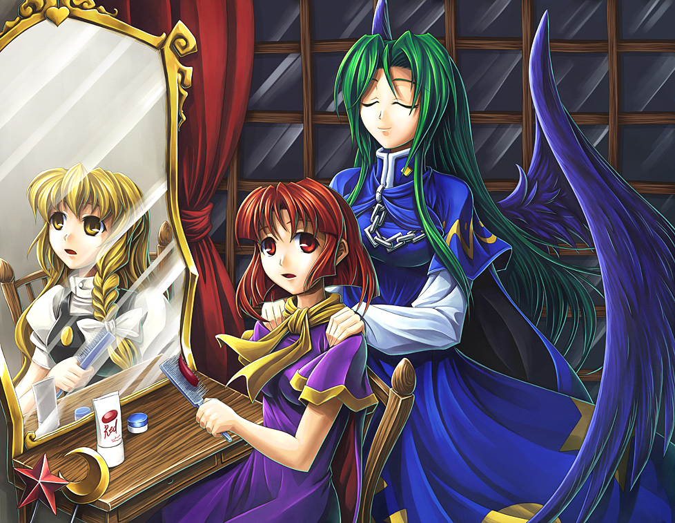 braid, chain, closed_eyes, comb, different_reflection, dress, dual_persona, green_hair