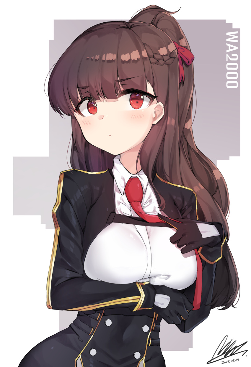1girl, absurdres, bil-ajeossi, black_gloves, braid, breast_hold, breasts, brown_hair