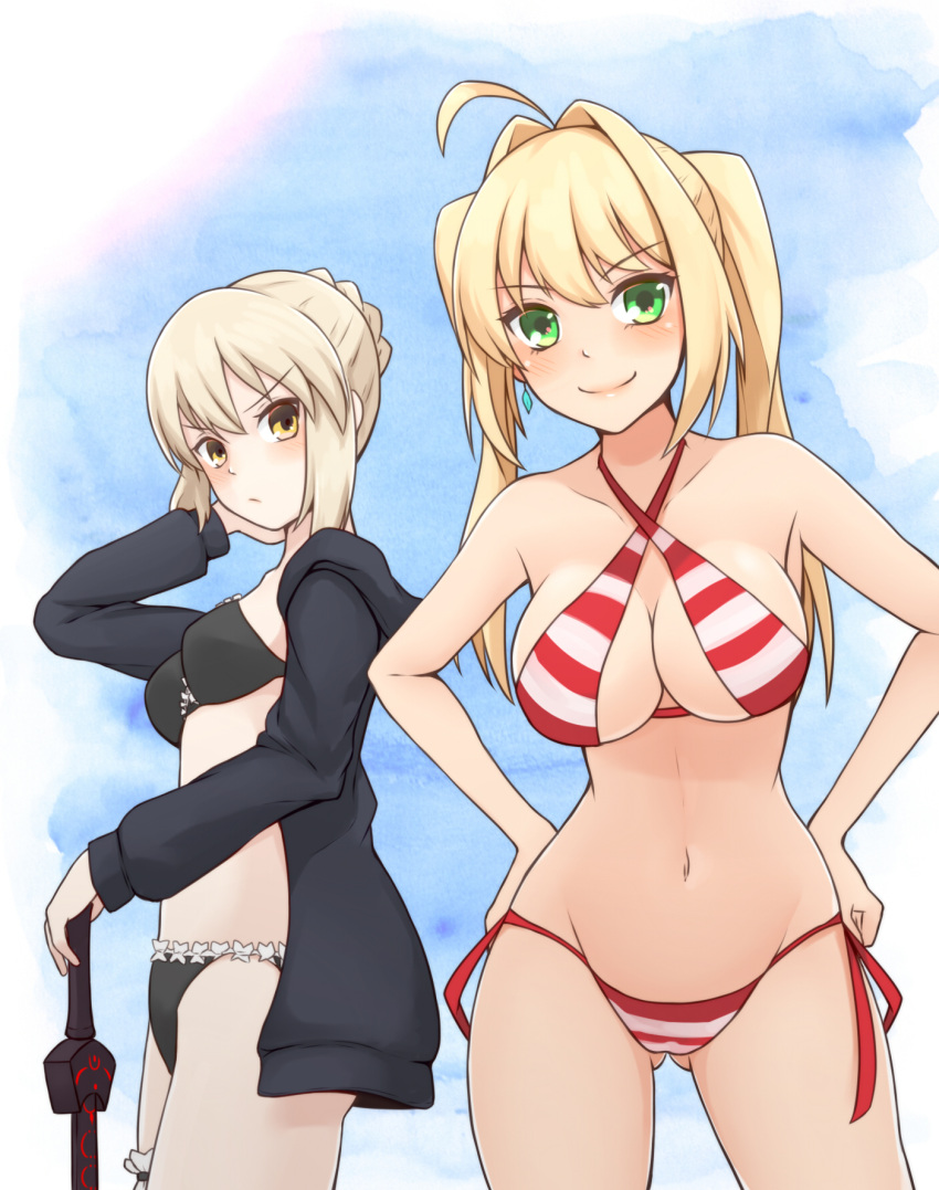 2girls, ahoge, artoria_pendragon_(all), artoria_pendragon_(swimsuit_rider_alter)_(fate), bikini, black_bikini, black_jacket, blonde_hair
