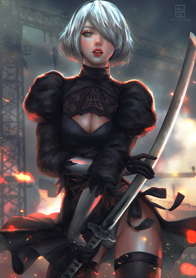 1girl, abigail_diaz, black_dress, black_hairband, blue_eyes, breasts, cleavage, cleavage_cutout