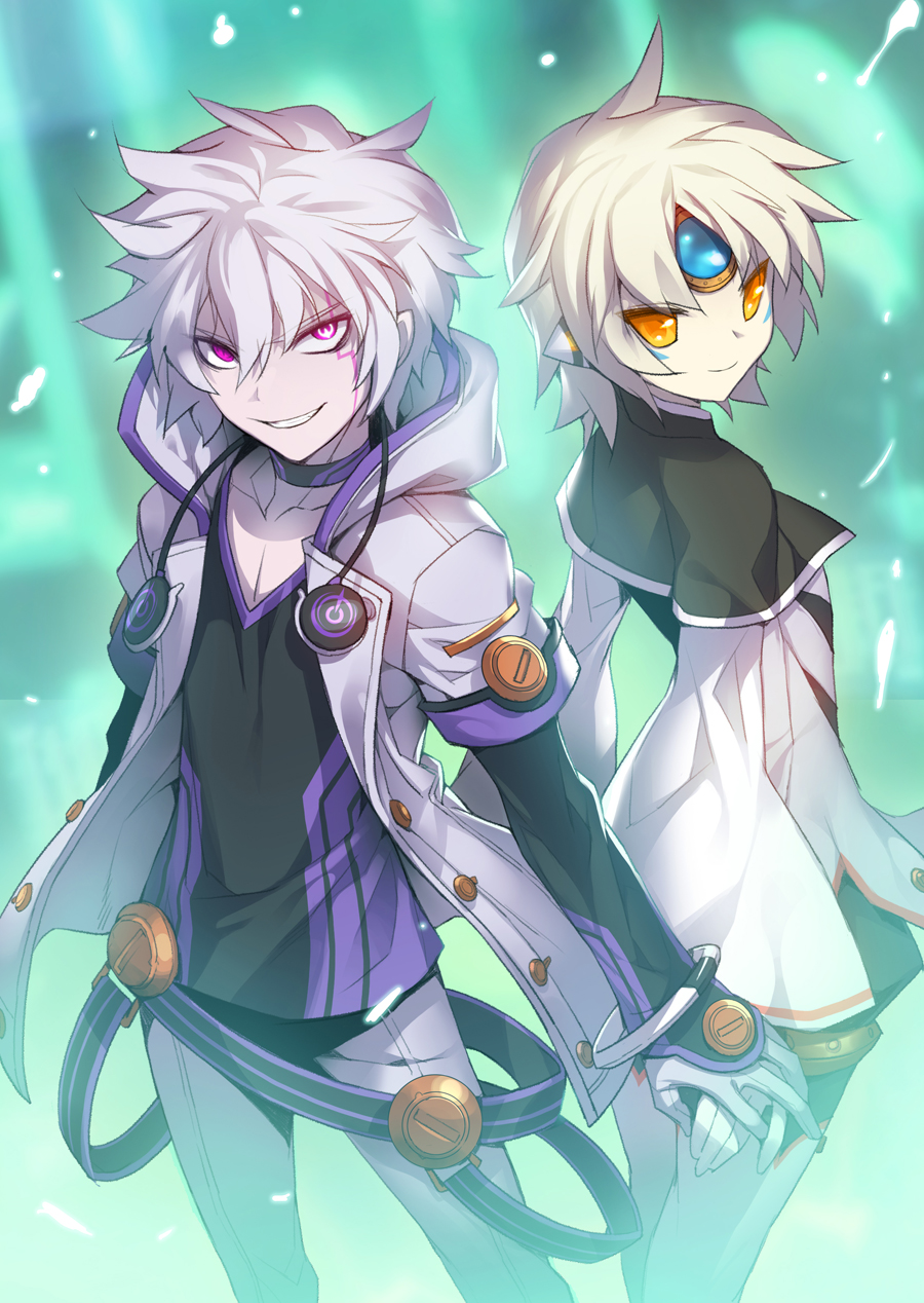 1boy, 1girl, add_(elsword), elsword, eve_(elsword), facial_mark, gloves, grin