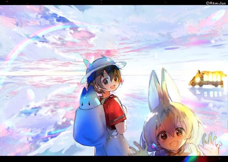 2girls, animal_ears, atsumi_jun, backpack, bag, black_hair, blue_sky, blush