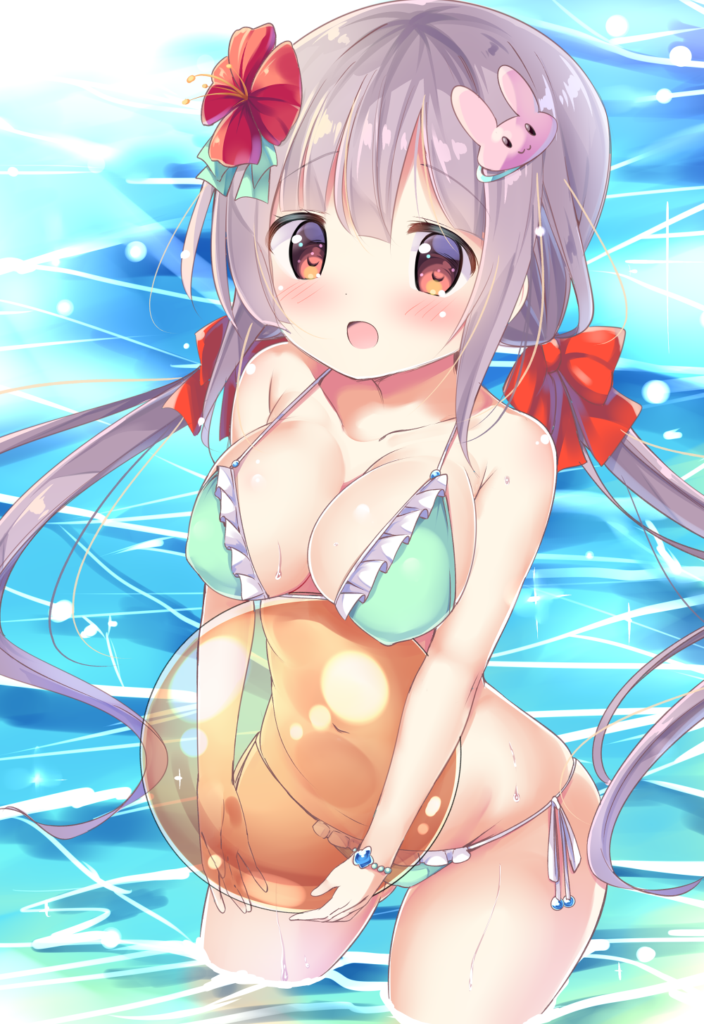 1girl, :d, ball, bangs, beachball, bikini, blush, breasts