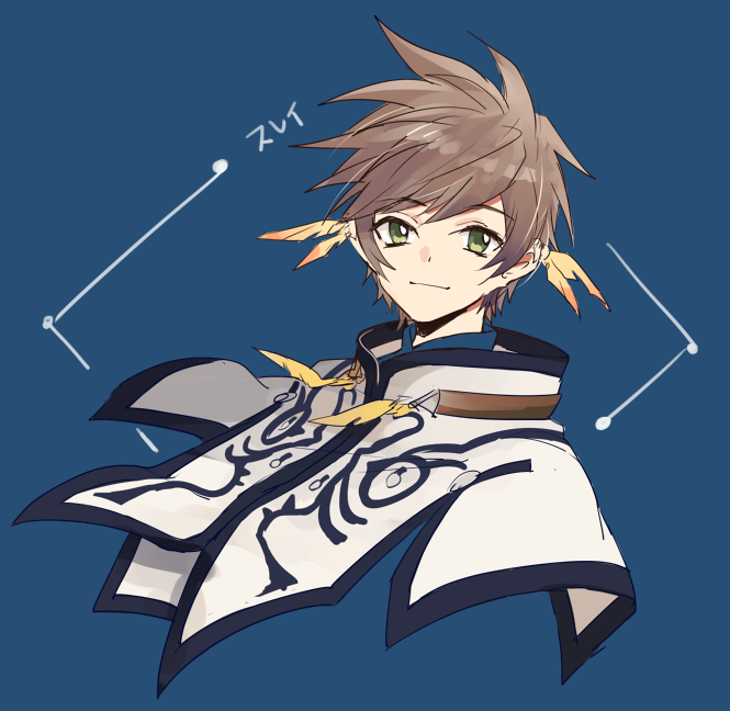 1boy, blue_background, brown_hair, cape, character_name, closed_mouth, earrings, feather_earrings