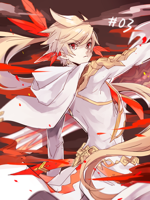 1boy, blonde_hair, brown_background, cowboy_shot, earrings, feather_earrings, fire, hood