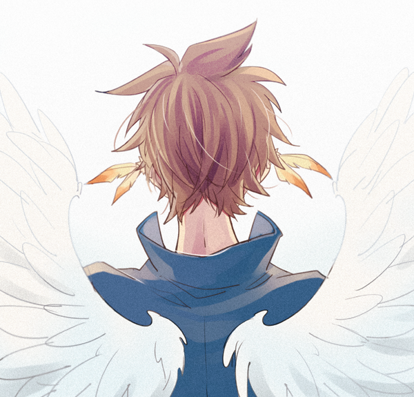 1boy, blue_shirt, brown_hair, earrings, feather_earrings, feathered_wings, from_behind, jewelry