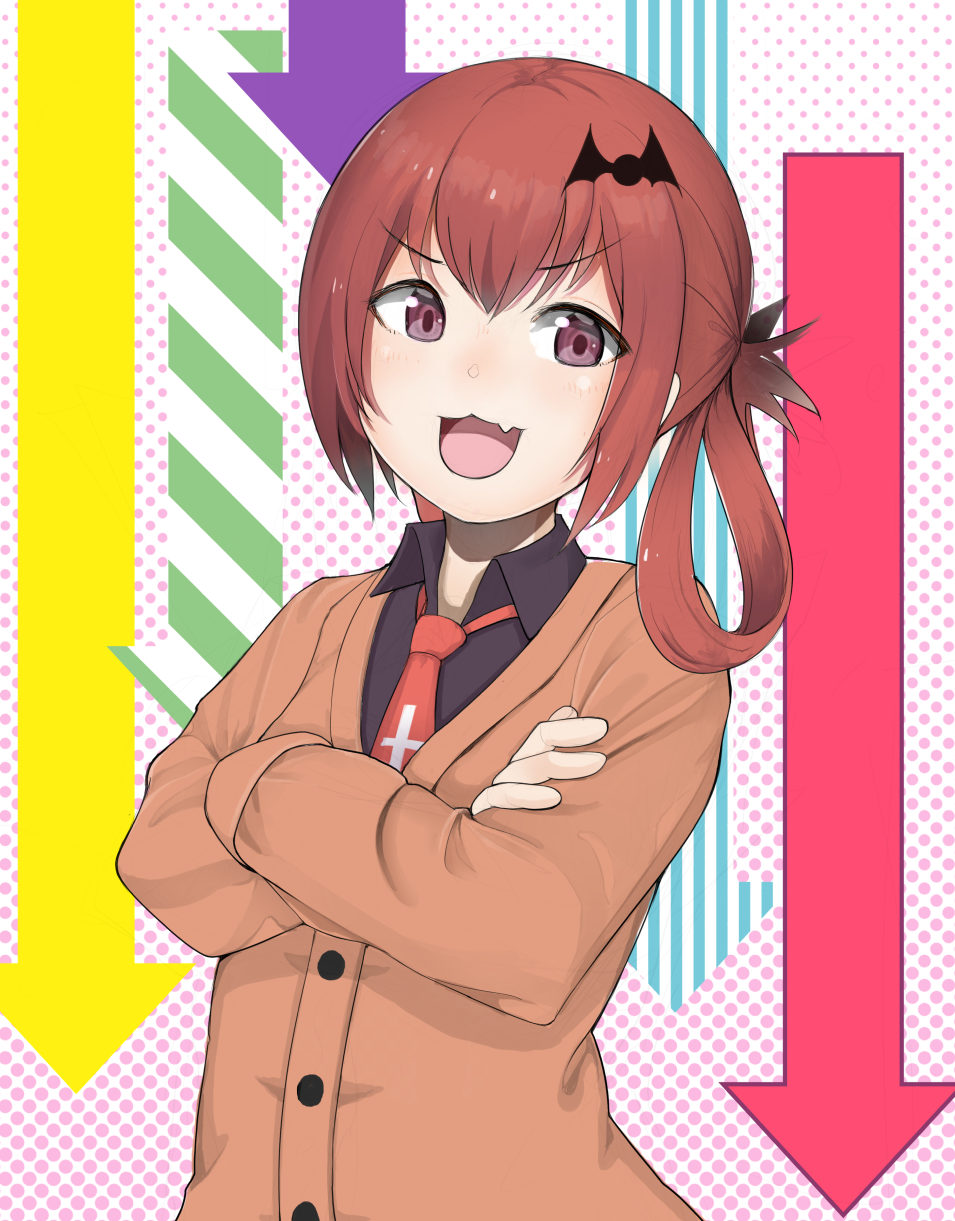 >:d, 1girl, :3, :d, arrow_background, bat_hair_ornament, black_shirt, cardigan, cross_of_saint_peter, crossed_arms, eyebrows_visible_through_hair, fang, gabriel_dropout, gacchan, hair_ornament, hair_rings, highres, kurumizawa_satanichia_mcdowell, looking_at_viewer, necktie, open_mouth, polka_dot, polka_dot_background, red_necktie, redhead, shirt, smile, smug, solo, upper_body, violet_eyes