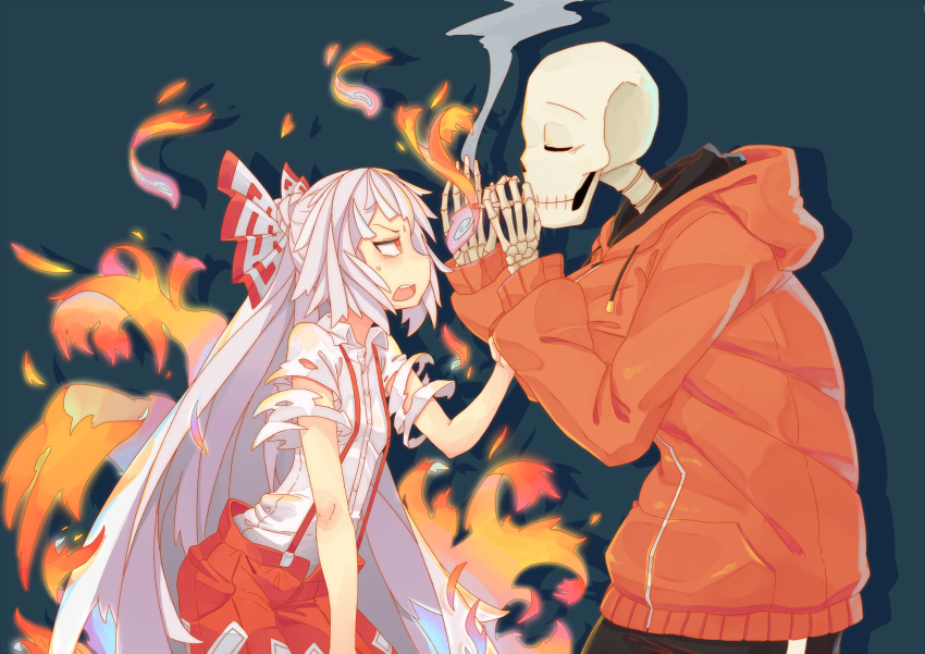 14mango, 1boy, 1girl, alternate_universe, black_background, bow, cigarette, closed_eyes, crossover, fire, fujiwara_no_mokou, hair_bow, highres, hood, hooded_jacket, jacket, long_hair, ofuda, orange_jacket, pants, papyrus_(underswap), papyrus_(undertale_au), red_eyes, shirt, short_sleeves, simple_background, skeleton, smoking, suspenders, torn_clothes, torn_shirt, touhou, track_pants, underswap, undertale, undertale_au, very_long_hair, white_bow, white_hair, white_shirt