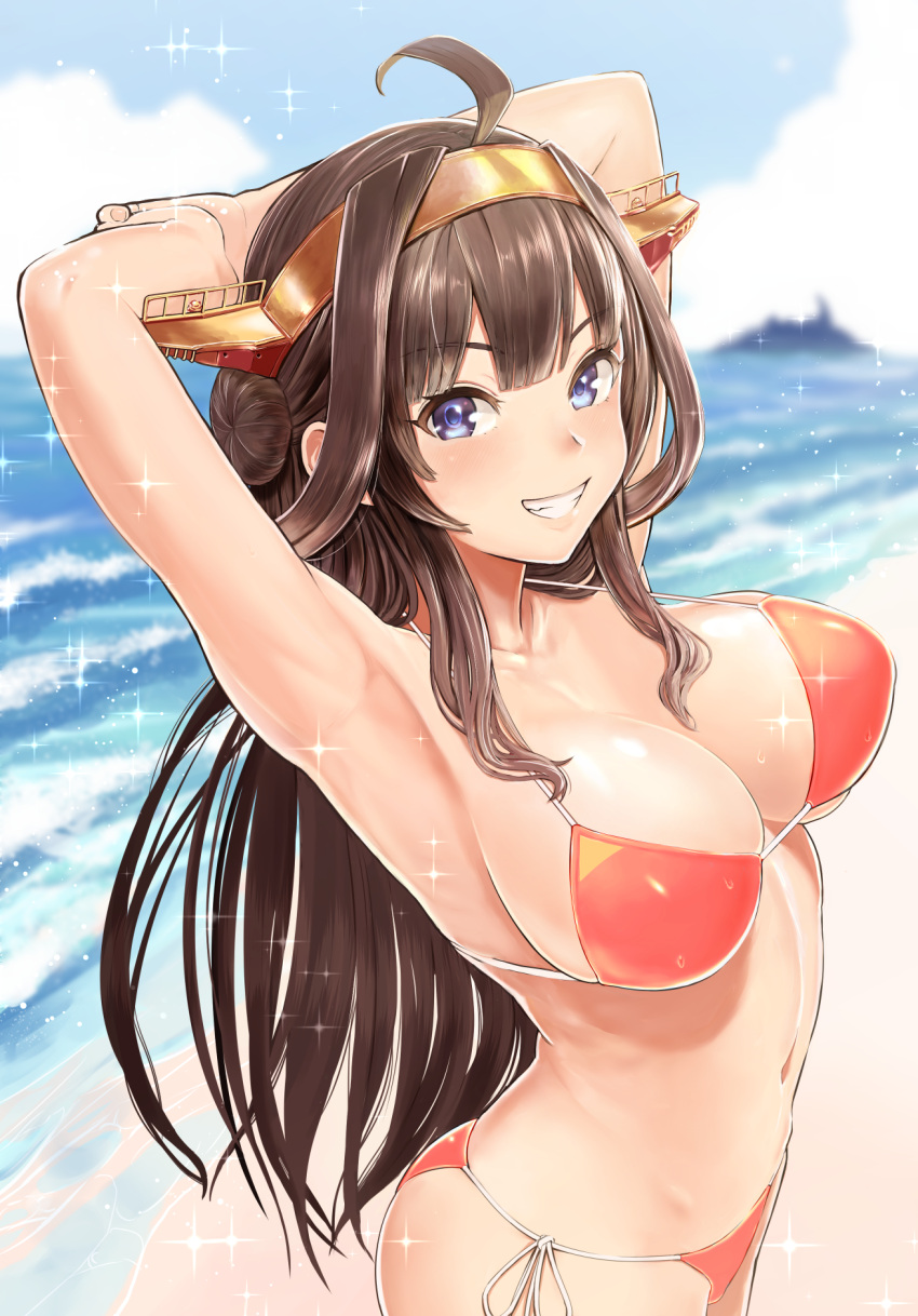 1girl, ahoge, armpits, arms_behind_head, beach, bikini, blue_eyes, blue_sky