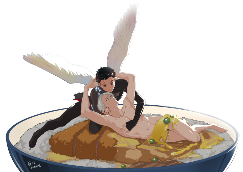 2boys, black_hair, blue_eyes, bodysuit, bowl, brown_eyes, clothed_male_nude_male, convenient_censoring