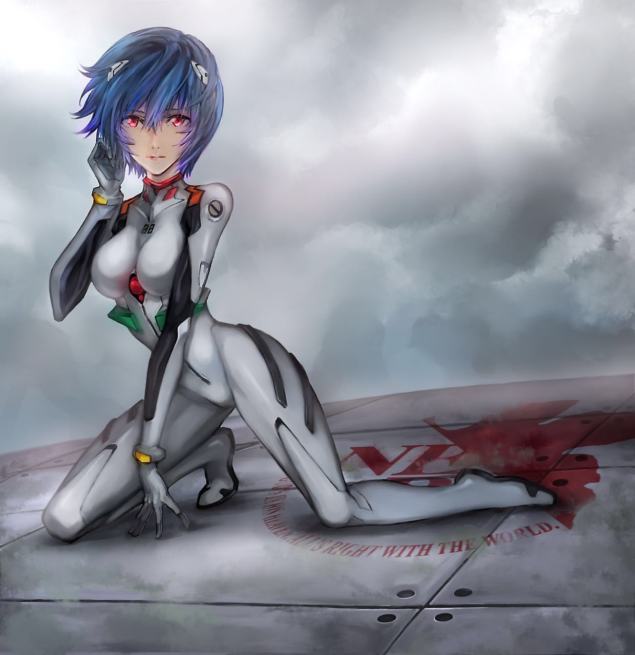 1girl, arm_support, ayanami_rei, bai_wang, bangs, blue_hair, bodysuit, breasts