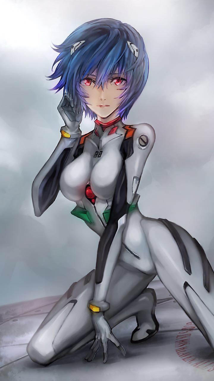 1girl, arm_support, ayanami_rei, bai_wang, bangs, blue_hair, bodysuit, breasts