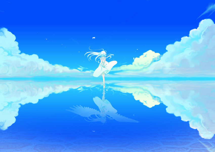 1girl, absurdres, angel_wings, blue_sky, clouds, commentary_request, day, different_reflection, dress, floating_hair, from_behind, highres, long_hair, open-back_dress, original, outdoors, reflection, salar_de_uyuni, sky, solo, standing, standing_on_liquid, taro_(8787suzuki), water_surface, white_dress, white_hair, wings