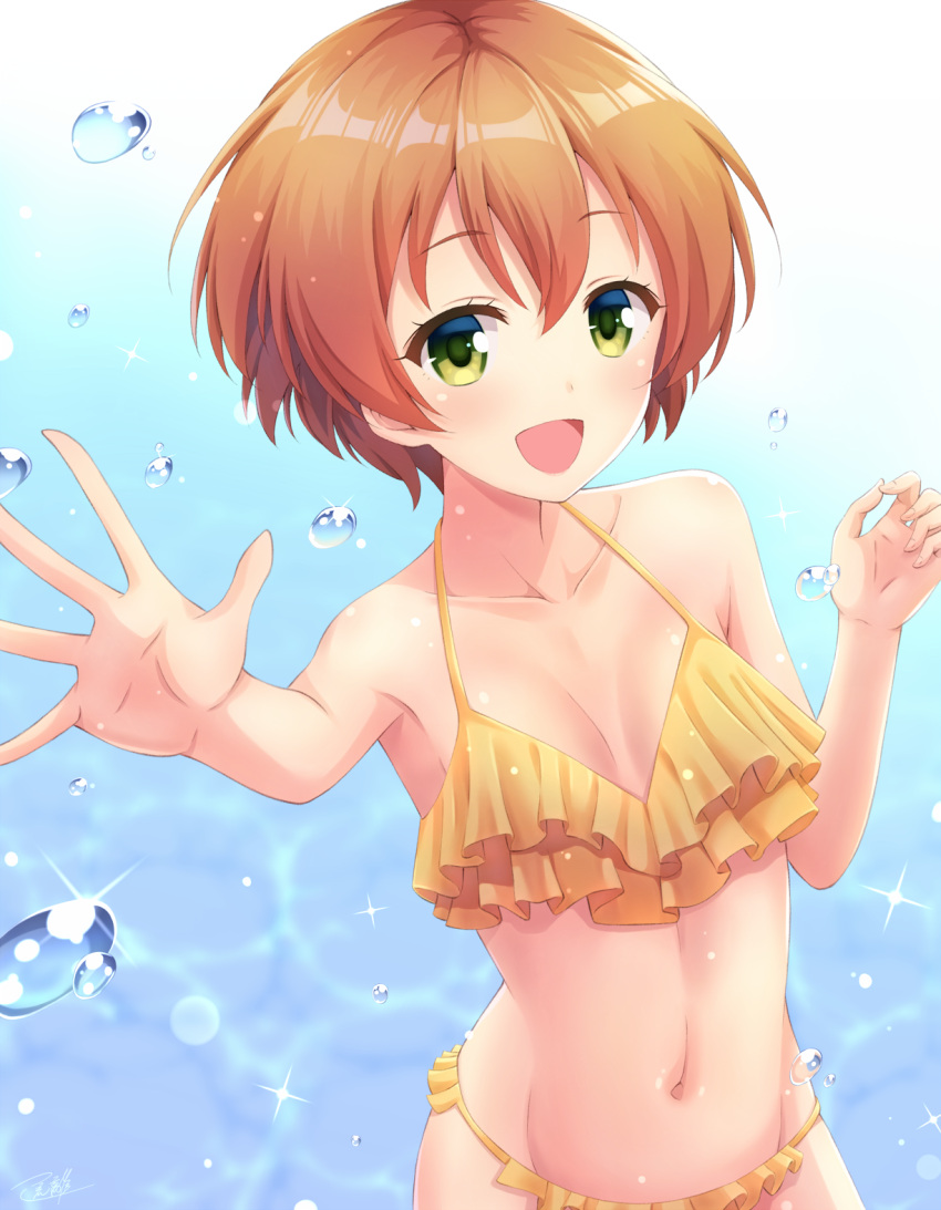 1girl, bikini, flat_chest, frilled_bikini, frills, from_above, highres, hoshizora_rin