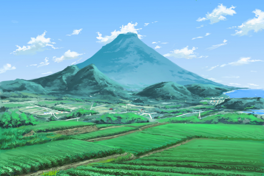 blue_sky, clouds, commentary_request, day, farm, field, highres, hill