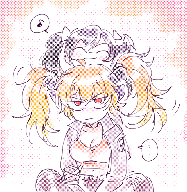 2girls, alternate_hairstyle, angry, black_hair, blonde_hair, breasts, cleavage, multiple_girls