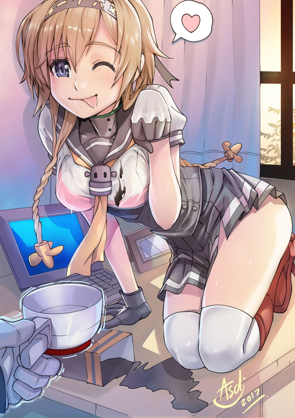 asdj, blue_eyes, boots, bra, braid, breasts, coffee_cup, commentary, computer, gloves, hair_ornament, hairband, heart, highres, kantai_collection, kneehighs, kneeling, laptop, light_brown_hair, medium_breasts, miniskirt, one_eye_closed, paw_pose, propeller_hair_ornament, red_bra, short_hair_with_long_locks, skirt, spoken_heart, teruzuki_(kantai_collection), tongue, tongue_out, twin_braids, underwear, wet, wet_clothes, white_legwear