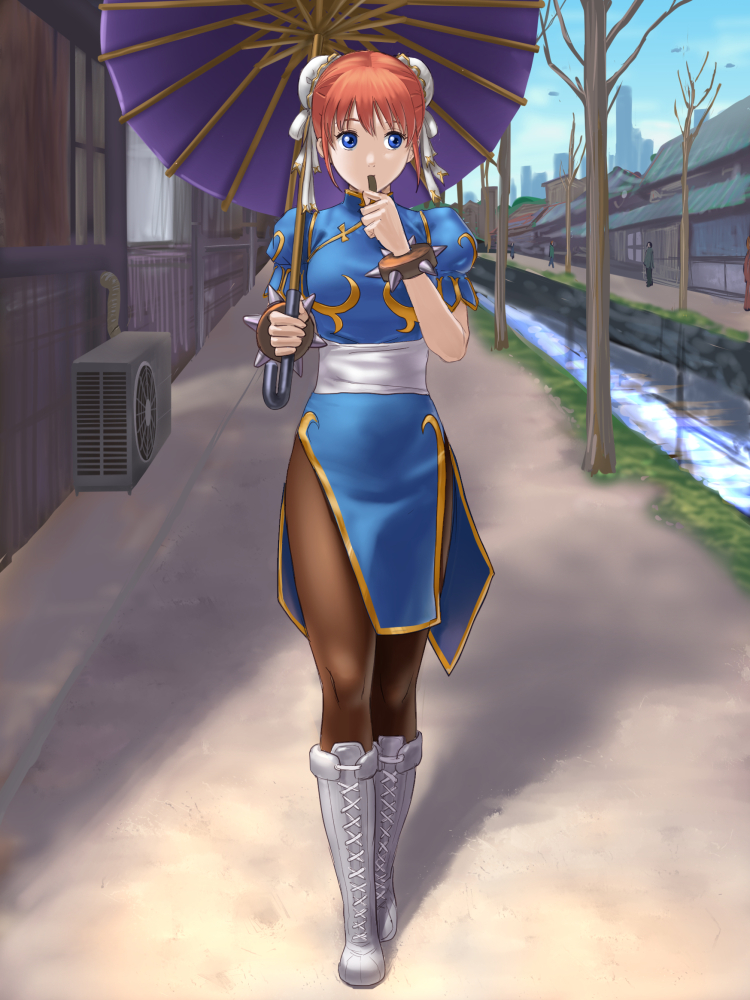 1girl, air_conditioner, architecture, bare_tree, blue_eyes, blue_sky, boots, bracelet, bun_cover, china_dress, chinese_clothes, chun-li, chun-li_(cosplay), cosplay, day, double_bun, dress, east_asian_architecture, gintama, ho_den_keiji, jewelry, kagura_(gintama), looking_at_viewer, outdoors, pantyhose, parasol, redhead, reflection, sky, solo_focus, spiked_bracelet, spikes, street_fighter, tree, umbrella, water, white_boots