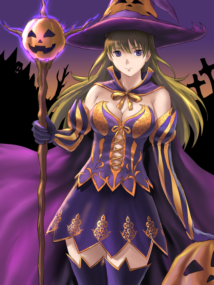 1girl, breasts, brown_hair, cape, cleavage, cross, detached_sleeves, elbow_gloves, error, gloves, gradient_sky, halloween, hat, ho_den_keiji, holding, holding_staff, jack-o'-lantern, long_hair, looking_at_viewer, medium_breasts, original, purple_cape, purple_gloves, purple_hat, purple_legwear, purple_skirt, skirt, smile, staff, standing, striped_sleeves, sunset, thighs, violet_eyes, witch, witch_hat