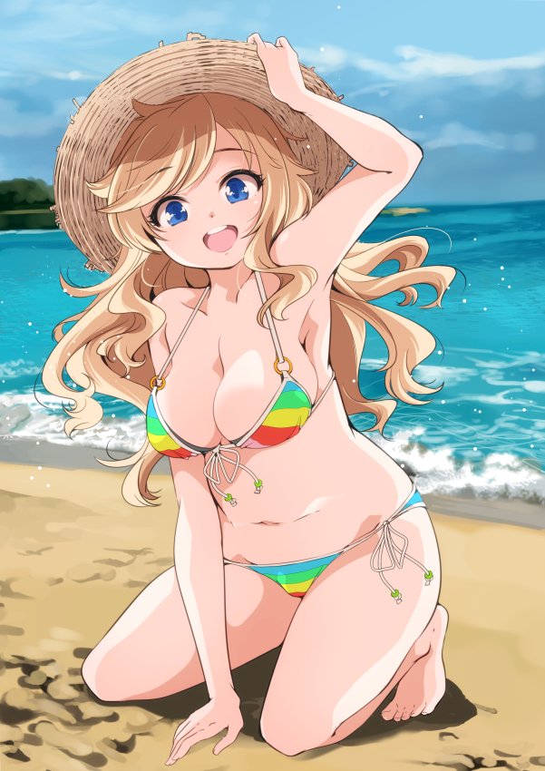 1girl, armpits, bare_arms, bare_legs, barefoot, beach, blonde_hair, blue_eyes
