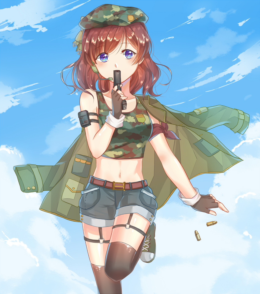 1girl, absurdres, belt, black_gloves, black_legwear, blue_eyes, blue_shorts, brown_hair