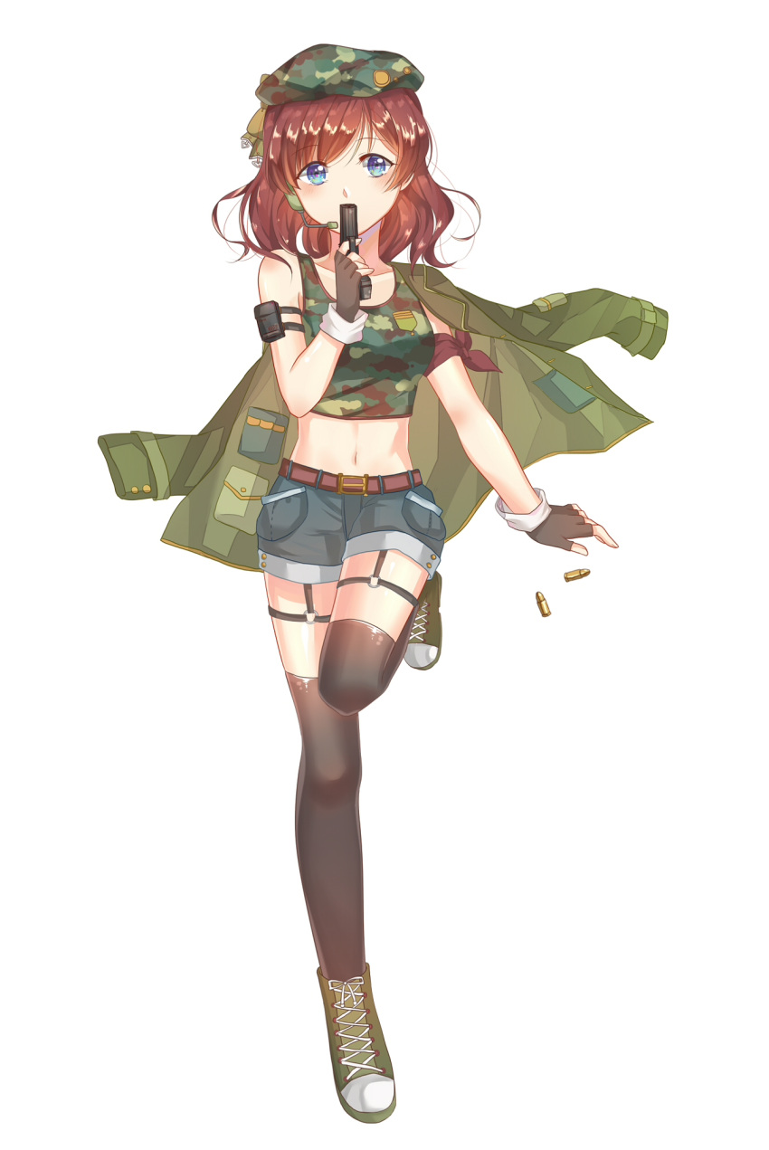 1girl, belt, black_gloves, black_legwear, blue_eyes, blue_shorts, brown_hair, bullet