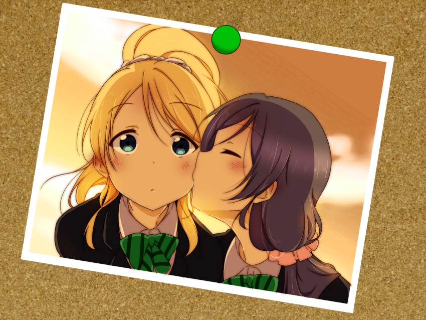 2girls, ayase_eli, black_jacket, blonde_hair, blue_eyes, bow, bowtie, cheek_kiss