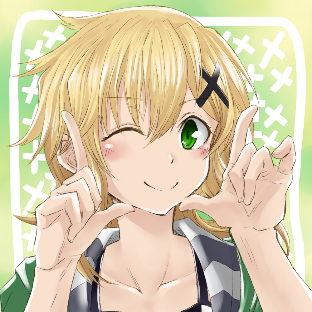 1girl, akatsuki_kirika, blonde_hair, blush, face, green_eyes, hair_ornament, hairclip
