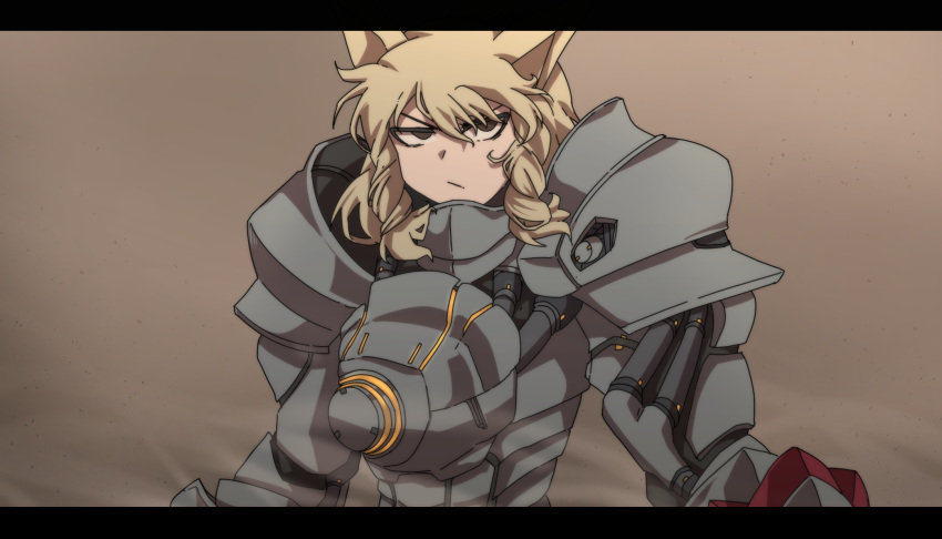>:/, 1girl, :/, animal_ears, armor, blonde_hair, breastplate, brown_eyes