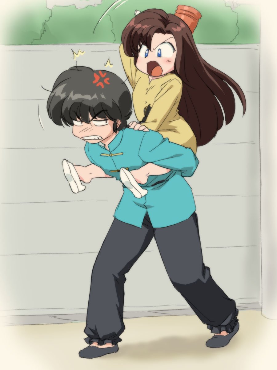 1boy, 1girl, anger_vein, highres, mage_(artist), mallet, ninomiya_hinako, piggyback