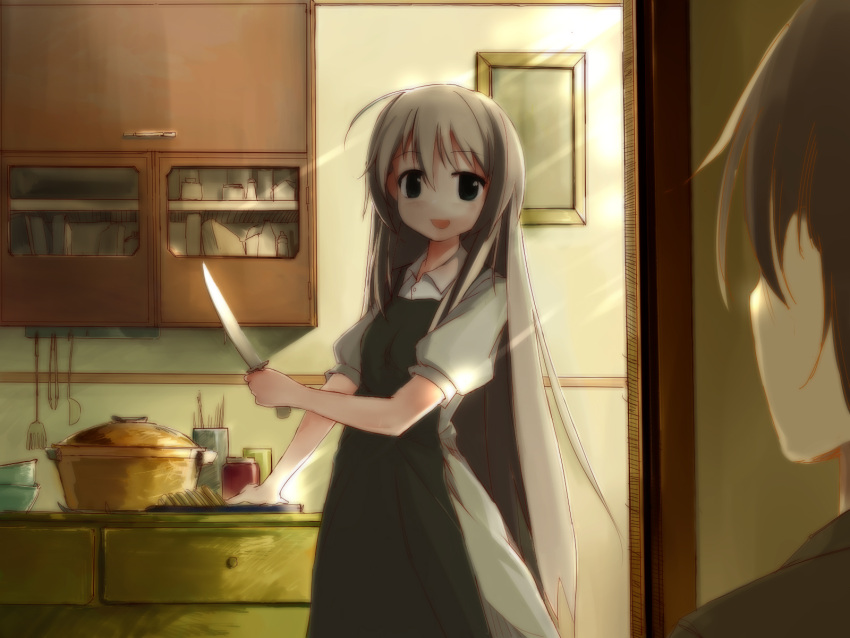 1boy, 1girl, angilar, falsita_fawcett, highres, inside, knife, pot