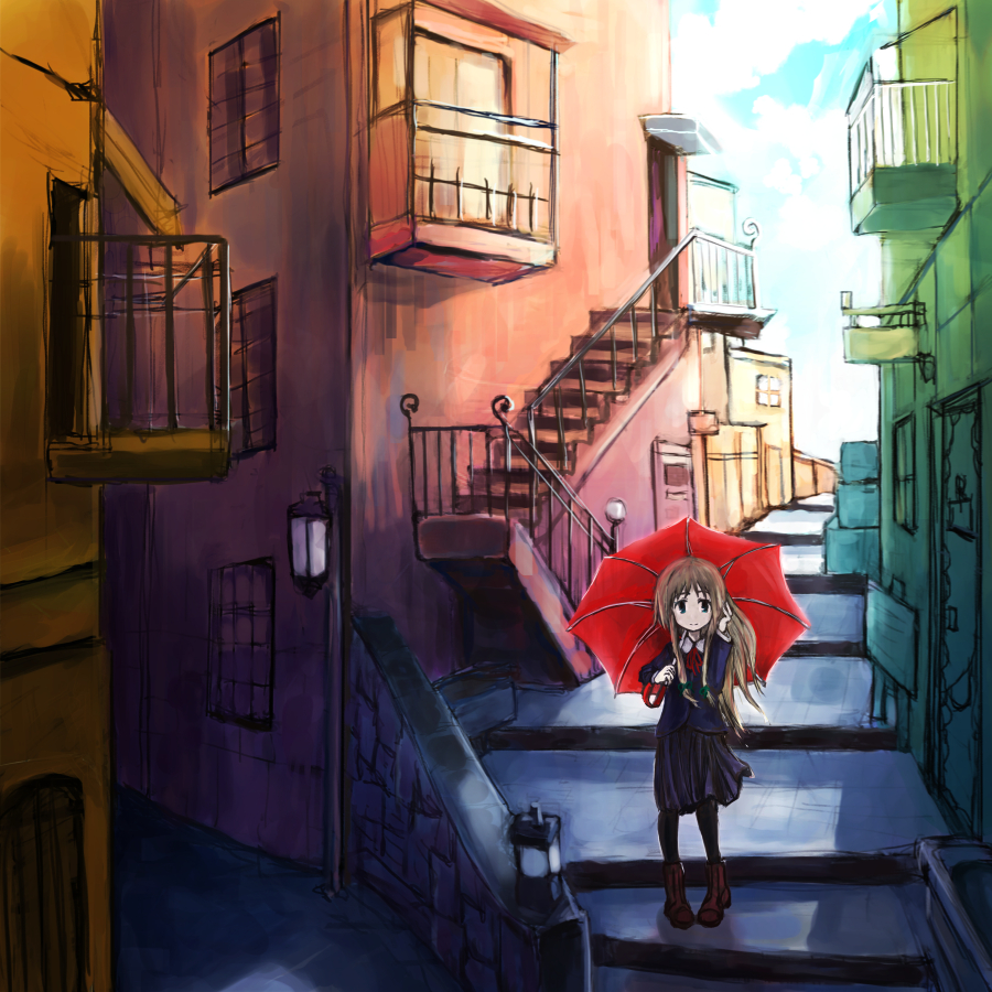 1girl, balcony, falsita_fawcett, lamppost, ni_konasu, outdoors, parasol, railing