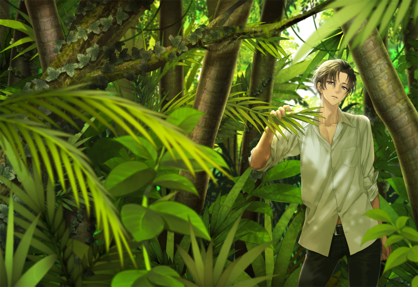 1boy, black_pants, brown_eyes, brown_hair, collarbone, day, forest, leaf