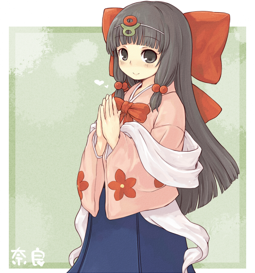 black_eyes, black_hair, blush, hair_ribbon, japanese_clothes, long_hair, miko, nara_mascot, renka-chan, ribbon, sento-kun, smile