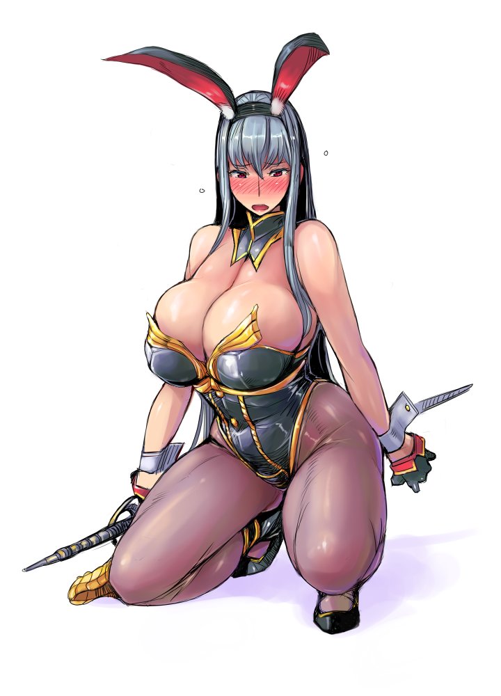1girl, animal_ears, bare_shoulders, black_gloves, black_legwear, blush, breasts, bunnysuit, bursting_breasts, cleavage, full-face_blush, full_body, gloves, grey_hair, holding, holding_weapon, huge_breasts, kneeling, long_hair, open_mouth, pantyhose, rabbit_ears, red_eyes, selvaria_bles, senjou_no_valkyria, solo, tsuda_nanafushi, very_long_hair, weapon, wrist_cuffs