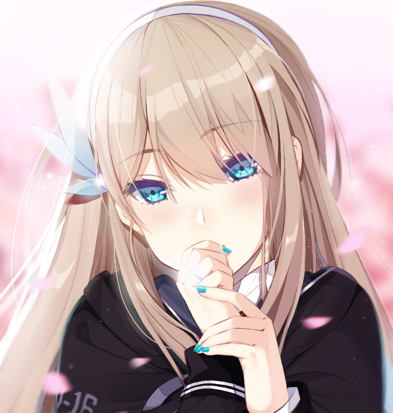 1girl, bangs, blonde_hair, blue_eyes, blue_nails, blush, character_name, covering_mouth, eyebrows_visible_through_hair, hair_ornament, hairband, head_tilt, jewelry, lexington_(cv-16)_(zhan_jian_shao_nyu), long_hair, looking_at_viewer, nail_polish, prinz_luzifer, ring, solo, upper_body, wedding_band, zhan_jian_shao_nyu