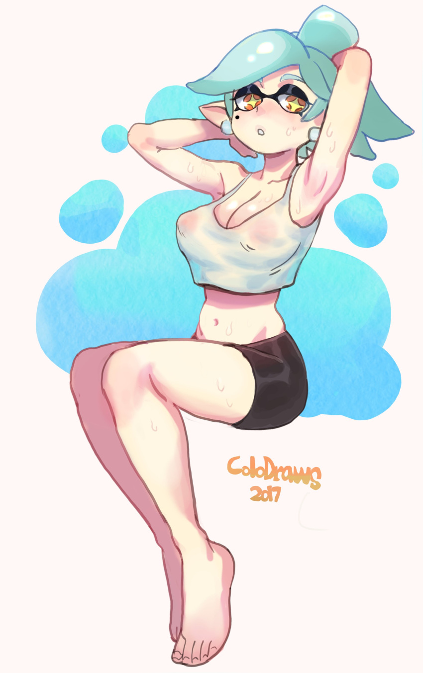 +_+, 1girl, 2017, absurdres, adjusting_hair, armpits, arms_up, artist_name