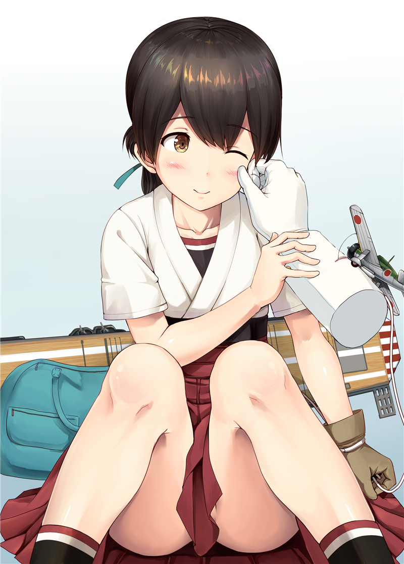 1girl, aircraft, blush, brown_eyes, cheek_pinching, collarbone, disembodied_limb, flight_deck, gloves, hakama, ichikawa_feesu, injury, japanese_clothes, kantai_collection, kasuga_maru_(kantai_collection), looking_to_the_side, miniskirt, no_panties, partly_fingerless_gloves, pinching, pleated_skirt, red_skirt, short_hair, sitting, skirt, smile, thighs