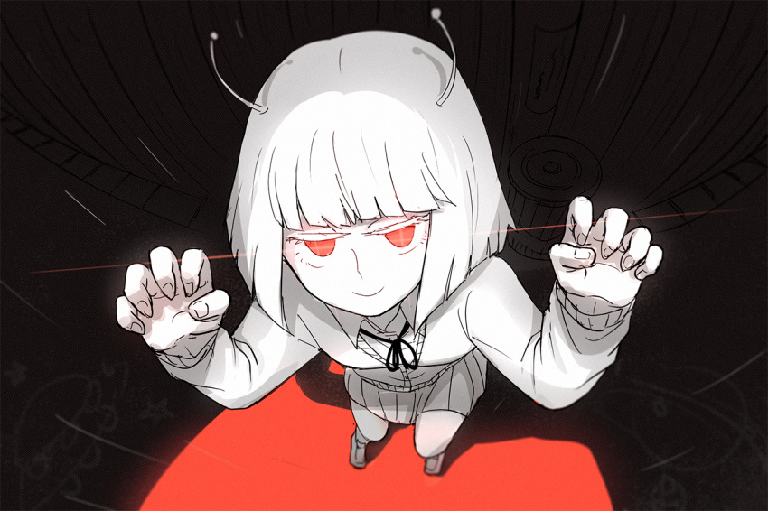 1girl, :>, alien_alien_(vocaloid), andromedako, antennae, bangs, blunt_bangs, bob_cut