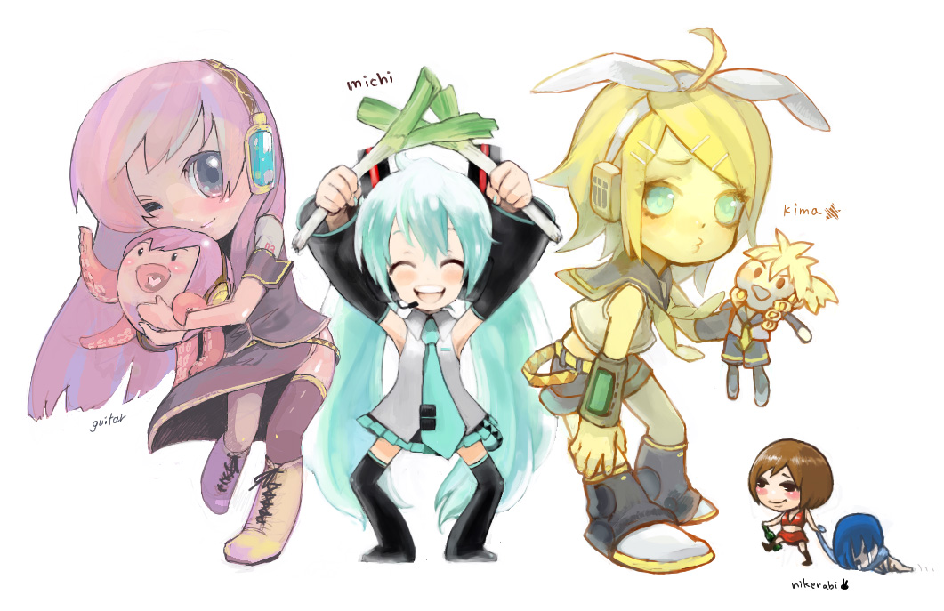 detached_sleeves, guitar_(artist), hatsune_miku, headphones, kagamine_len, kagamine_rin, kaito, kima