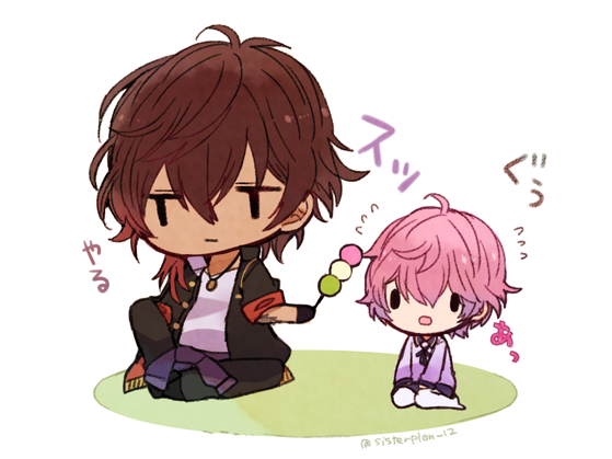 2boys, akita_toushirou, chibi, dango, dark_skin, dark_skinned_male, flying_sweatdrops, food, jacket, jitome, kimikimi_(sisterplan_12), looking_away, multiple_boys, ookurikara, open_clothes, open_jacket, pink_hair, sanshoku_dango, seiza, simple_background, sitting, touken_ranbu, wagashi, |_|