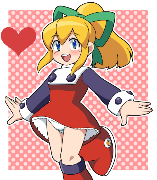 1girl, :d, blonde_hair, blue_eyes, blue_shirt, blush, boots, commentary_request, dress, eyebrows_visible_through_hair, green_ribbon, hair_between_eyes, hair_ribbon, heart, high_ponytail, knee_boots, long_hair, looking_at_viewer, open_mouth, outstretched_arms, panties, pantyshot, pantyshot_(standing), polka_dot, polka_dot_background, red_boots, red_dress, ribbon, rockman, rockman_(classic), roll, shirt, sidelocks, smile, solo, spread_arms, standing, standing_on_one_leg, underwear, white_panties, yume_yoroi