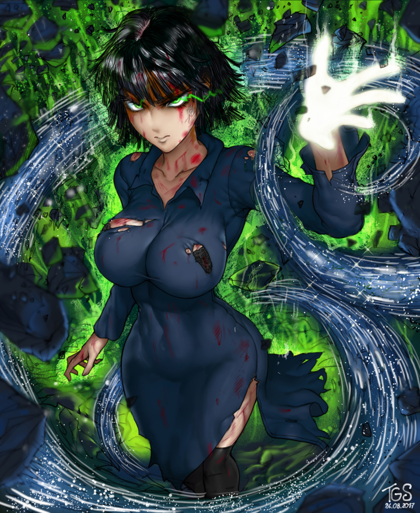 1girl, absurdres, angry, arm_at_side, black_bra, black_hair, black_legwear, blood