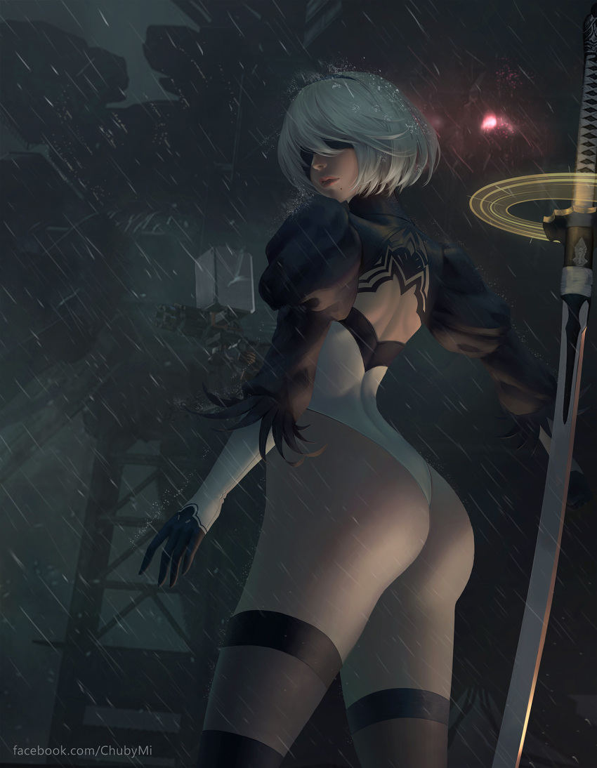 1girl, ass, bare_back, blindfold, brown_legwear, chuby_mi, elbow_gloves, gloves