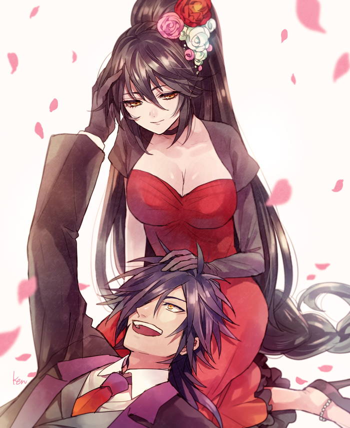 1boy, 1girl, akke, black_hair, breasts, cleavage, dress, gloves