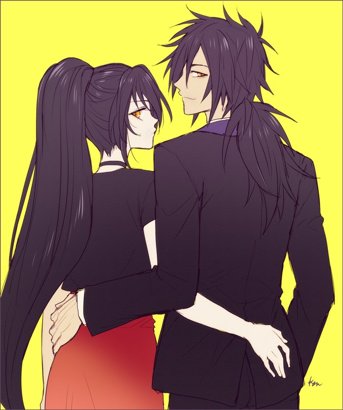 1boy, 1girl, akke, black_hair, dress, formal, gloves, hair_over_one_eye