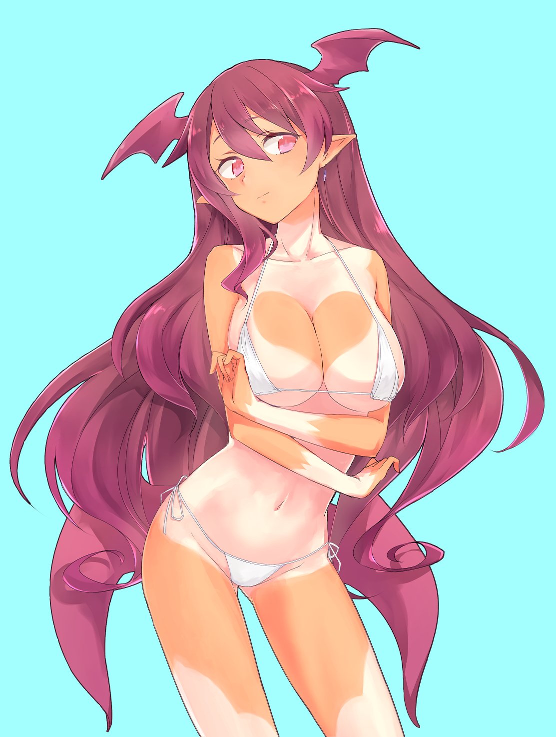 1girl, bikini, blush, breasts, brown_hair, carrie_alberta, cleavage, demon_girl, head_wings, highres, kyuuri_(miyako), long_hair, looking_at_viewer, low_wings, navel, pointy_ears, pop-up_story, red_eyes, side-tie_bikini, smile, solo, succubus, swimsuit, tan, tanline, white_bikini, wings