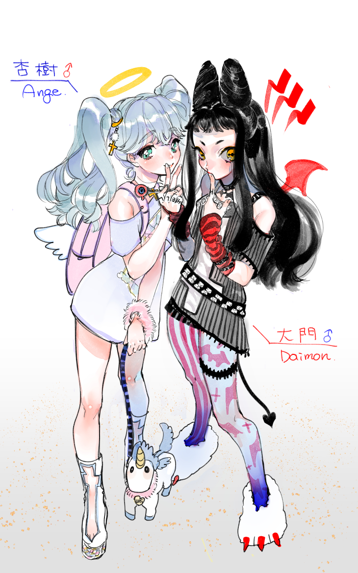 2boys, angel, angel_and_devil, angel_wings, animal_print, ankle_boots, aqua_eyes, arm_warmers