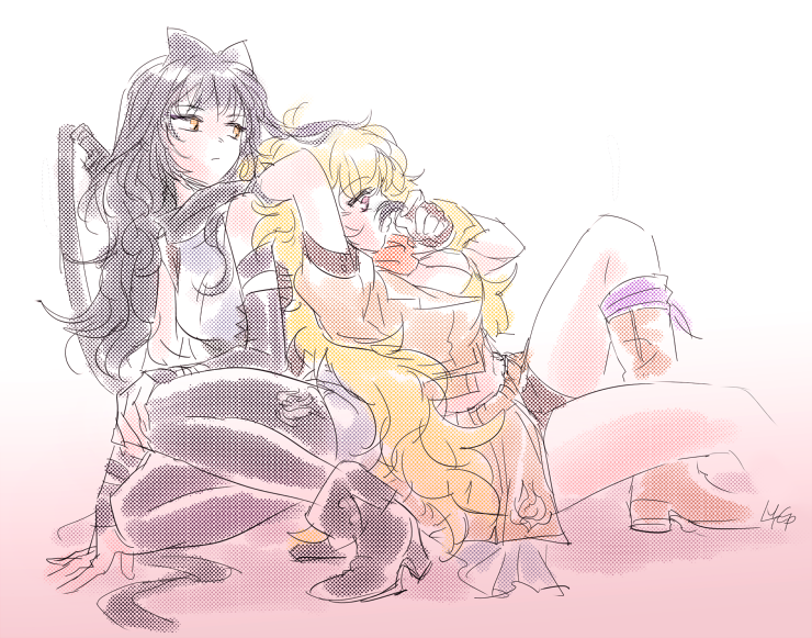 2girls, black_hair, blake_belladonna, blonde_hair, bow, breasts, cleavage, commentary_request